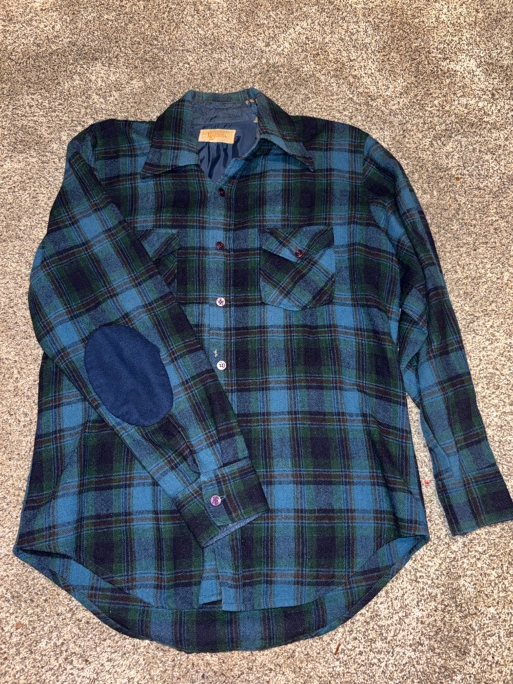 Vintage Men's Plaid Button-Down Shirt in Blue & Green with Elbow Patches